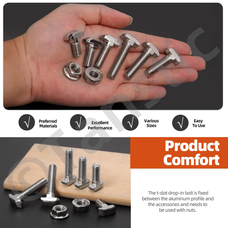 Tanstic 60 Sets M8 T Slot Drop-in Bolt Hammer Head Bolt T Shape Stud Sliding Screw for European Standard 40 Series Aluminum Profile