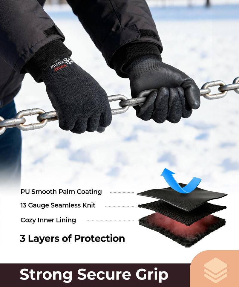 KAYGO 12 Pairs Winter Work Gloves for Men and Women, Thermal Insulated Safety Work Gloves PU Coated, Super Grip,Ideal for Freezer Work,Black,L Black (Thermal) Large