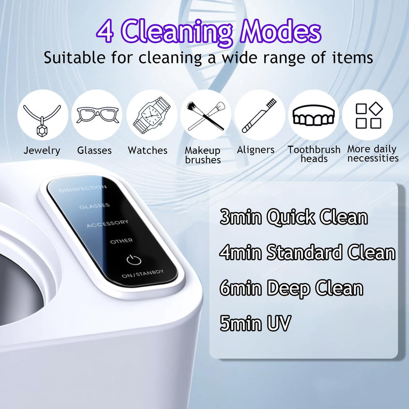 Ultrasonic Jewelry Cleaner Machine: 48KHz Ultra Sonic Cleaner for Jewelry,Rings,Eyeglass,Dentures,Watch Band with 4 Cleaning Modes,350ML 304 Stainless Steel Tank,Gift for Wife,Mom,Daughter