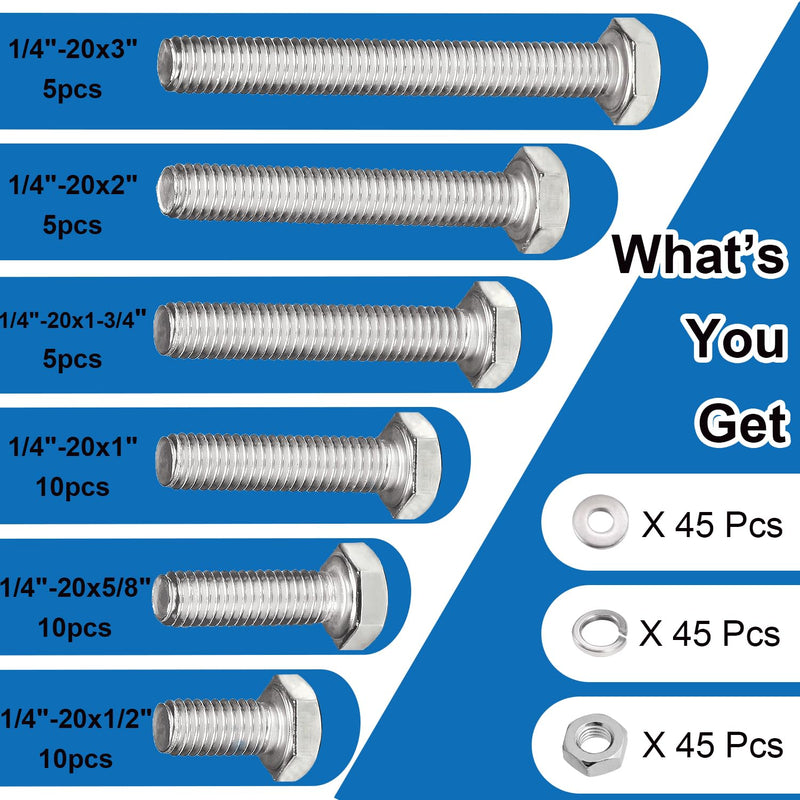 1/4-20 Hex Bolts Set, 1/4"-20 Thread 6 Sizes 3" 2" 1-3/4" 1" 5/8" 1/2" Long 180Pcs 1/4-20 Hex Bolts, Hex Nuts, Flat Washers, Spring Washers SAE 304 Stainless Steel 1/4-20 nuts and bolts set