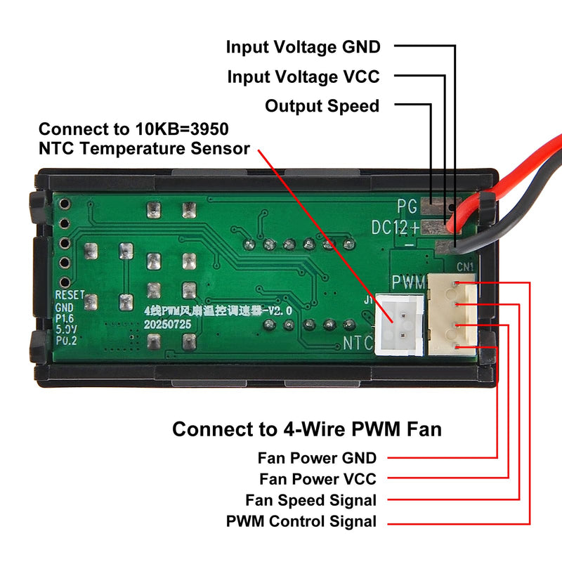 2pcs 4-Wire PWM Fan Temperature Controller (12V 3A) Fan Speed Controller with 1 Black Terminal Wire, Digital Display ℃ Temperature Controlled Governor, Dual-Display Fan Governor