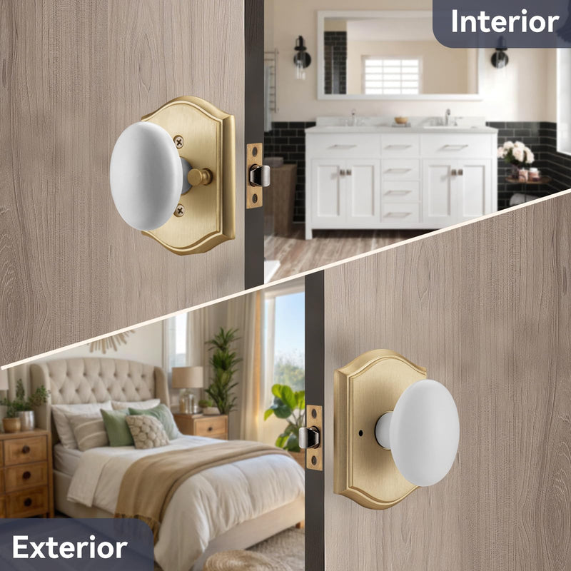 Gold Oval Door Knobs Interior with Lock for Privacy | Zinc Camelot Trim, Egg Knob Style for Bath & Bedroom 1 Gold & White