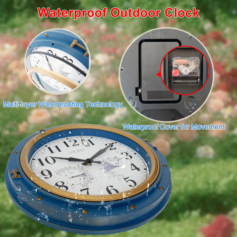 OCEST 16 Inch Indoor Outdoor Clock, Waterproof Wall Clock with Thermometer Hygrometer, Silent Non-Ticking Battery Operated Decor for Home Decor, Patio(Blue) Navy Blue
