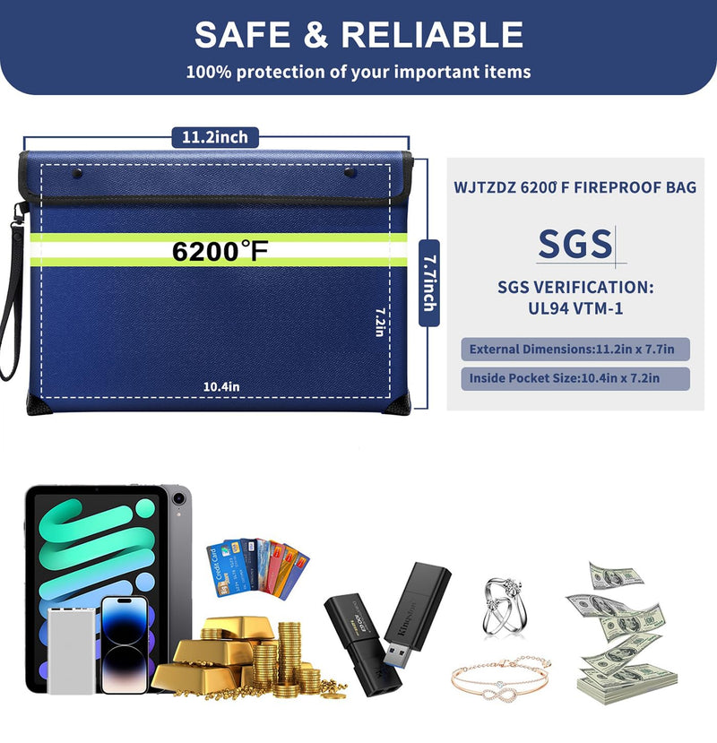 Upgraded Fireproof Money Bag,10 Layers of Heat Insulated Materials,6500°F Fireproof Bag with Waterproof Zipper/Reflective Strip,Fireproof Document Bag with Handle for Cash,Important Documents Blue Medium Size