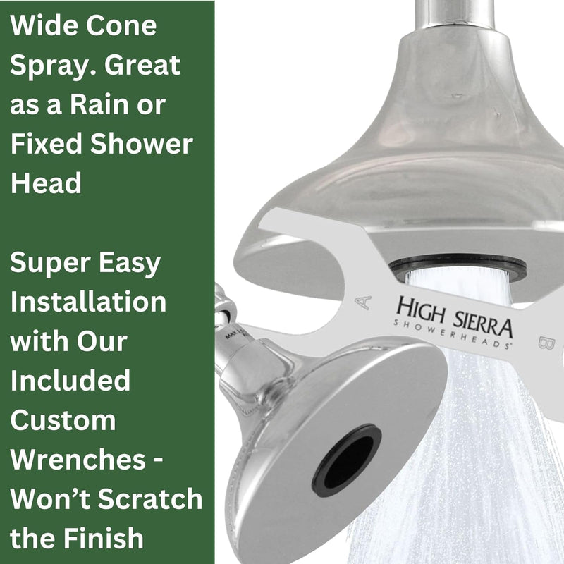 High Sierra® HALF DOME® Solid Lead-Free Metal 1.25 GPM Award Winning. Ultra Low Flow Shower Head. Patented Nozzle Never Clogs - Polished Chrome Finish
