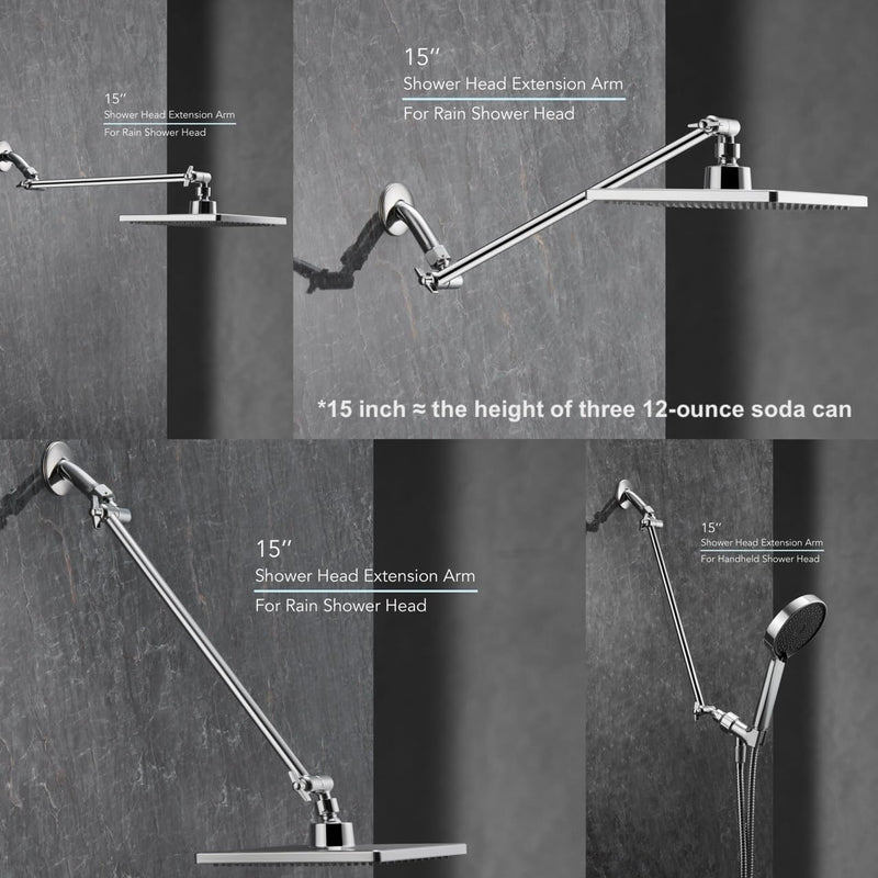 15 Inch Extra Long Adjustable Shower Head Extension Arm With Locking Set Screw, Singing Rain Brass Chrome Angle Height Adjustable, Easy To Install, G1/2 Universal Connector Compatible (Chrome Finish) 15 inch