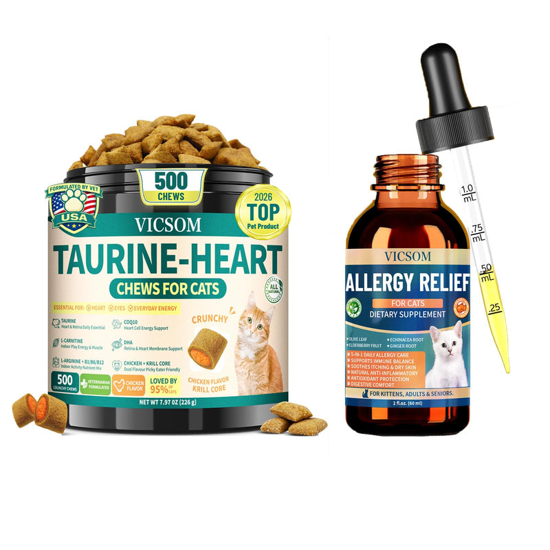 Cat Taurine Supplement & Seasonal Skin Comfort Drops Bundle, CoQ10 + Omega-3 Crunchy Chews for Heart, Eye & Muscle Support, Chicken Flavor, 500 Chews + 60ml Liquid Drops for Cats