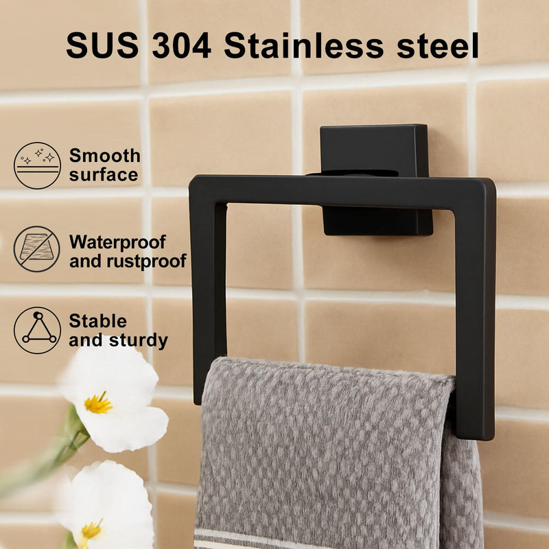 Matte Black Towel Ring, 2 Pcs | Premium Stainless Steel, Sleek Square Design, Durable Wall-Mounted, Contemporary Bathroom