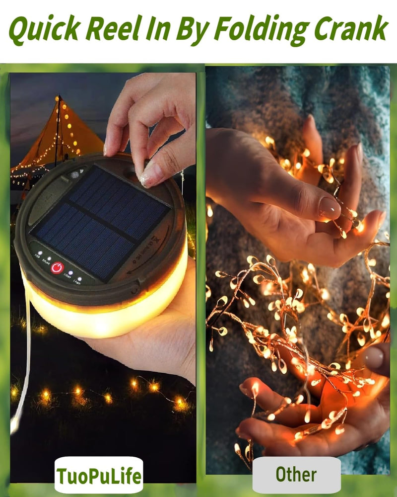 Solar Camping String Lights, 39.4 FT Fairy String Light, 4 in 1 Portable Waterproof Camp Lamp with 8 Lighting Modes, Hanging Rechargeable Tent Lantern for Christmas Decorations Patio Party Essentials