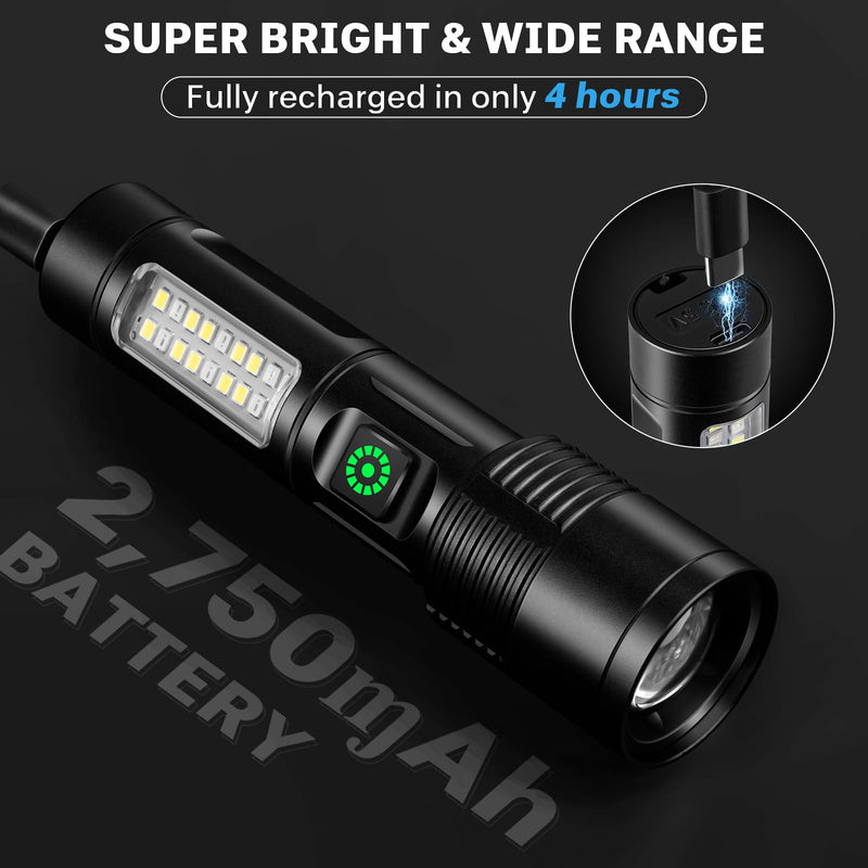 Rechargeable LED Flashlights High Lumens - 10,000LM Super Bright Flash Light with 6 Modes, Powerful Handheld Linternas for Home, Camping（2 Packs）