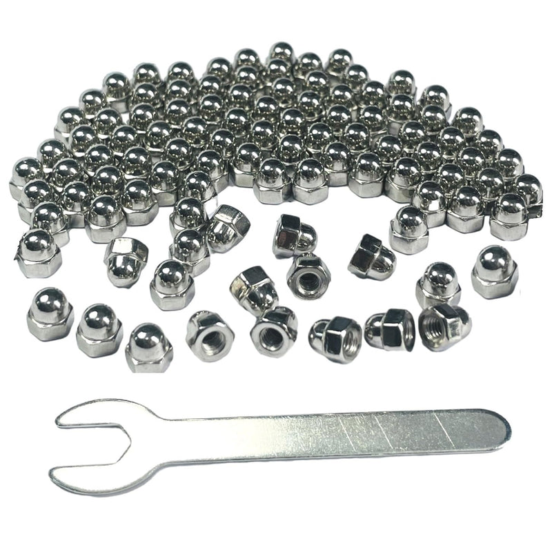 100pcs M3-0.5 Acorn Cap Nuts,M3-0.5 Cap Nuts,Acorn Hex Cap Dome Head Nuts,Dome Nuts,304 Stainless Steel Acorn Nuts,Hardware Nuts,18-8,Bright Finish with Open End Wrench