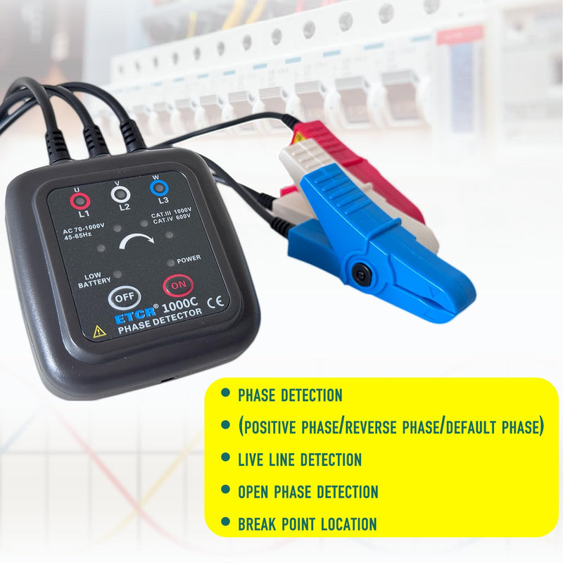 ETCR1000C Non-Contact Phase Sequence Tester Phase Rotation Meter | For insulated wires 0.06-0.6in (1.6-16mm) diameter, suitable for AC 70-1000V phase sequence testing