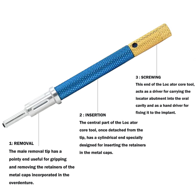Implant Tooth Locator Core Tool, 3 in 1 Universal Dental Instrument for Overdenture Retention & Insertion, Golden Zinc Alloy with Gloves
