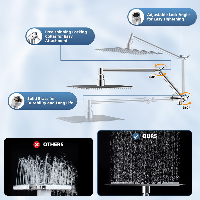 12” All Metal Rain Shower Head, High Pressure Rainfall Shower Head with Handheld Spray Combo, 5” Handheld Spray Powerful Clean 10-Mode, 16" Shower Extension Arm, 71" Hose, 3-Way Diverter, Chrome Square 12"
