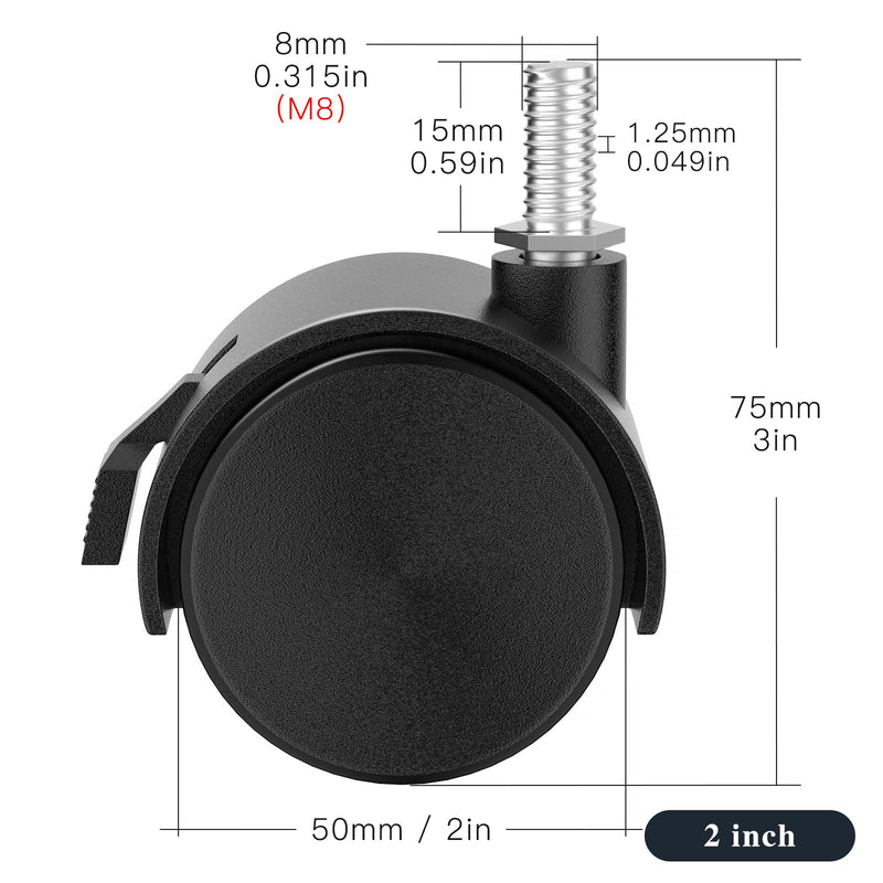 2 Inch Threaded Stem Furniture Casters, Metric M8 Nylon Plastic Swivel Locking Casters Set of 4, for Office Chairs, Shelves, Carts, Workbenches. 2 inch with brake