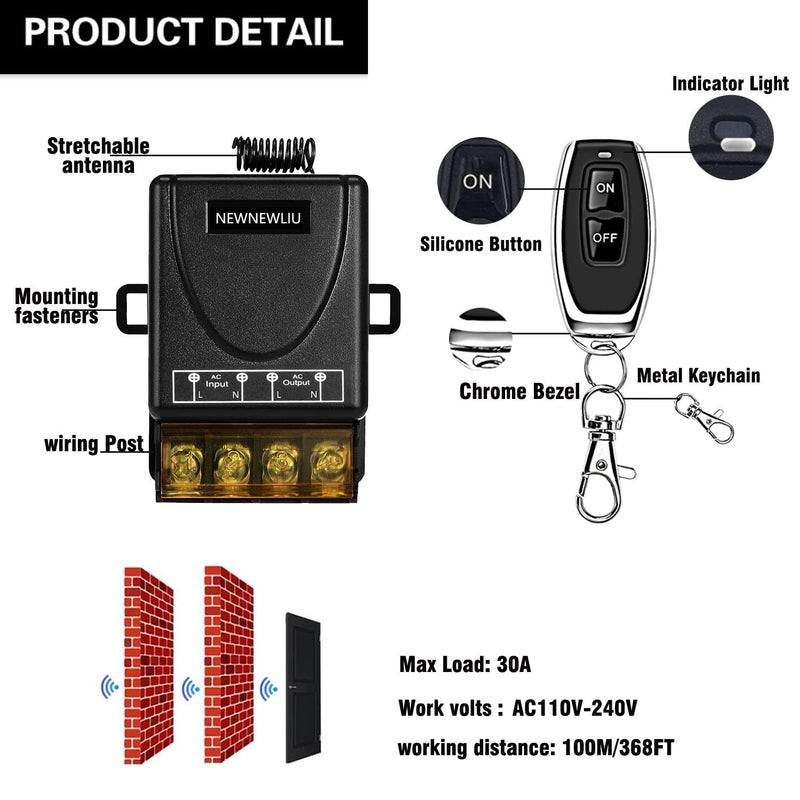 AC110V Wireless Light Switch and Receiver kit,AC110V/120V/240V/30A Relay RF Remote Control with 328FT Long Range for Smart Home,Pump Control,Industrial Electrical Equipment. 110V-240V remote switch