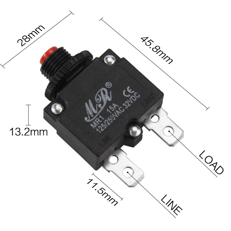 15 Amps Thermal Circuit Breakers 125/250V AC 32V DC Push Button Manual Reset Overload Protector Switch 15A 2 Pack