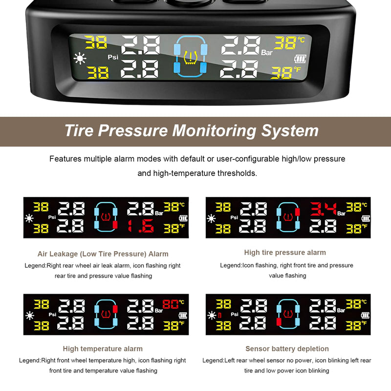 Tire Pressure Monitoring System, Wireless Tire Pressure Monitor with Solar/USB Charger & 4 External Sensors, 6 Alarm Modes Real-time LCD Display TPMS for Car Trailer Truck