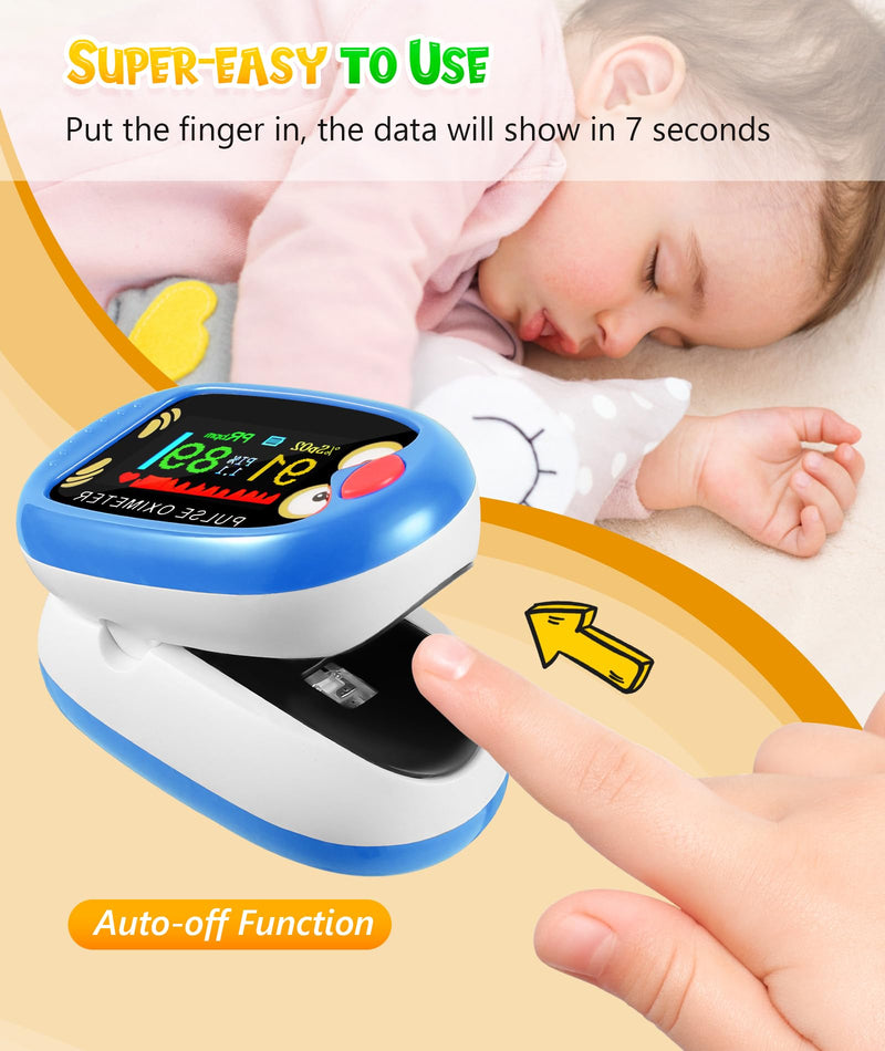 Fingertip Pluse Oximeter for Small Fingers, USB-C Rechargeable Oxygen Monitor, Cute Cartoon Design, Sports & Aviation Use, Applicable for Kids & Children (Blue)