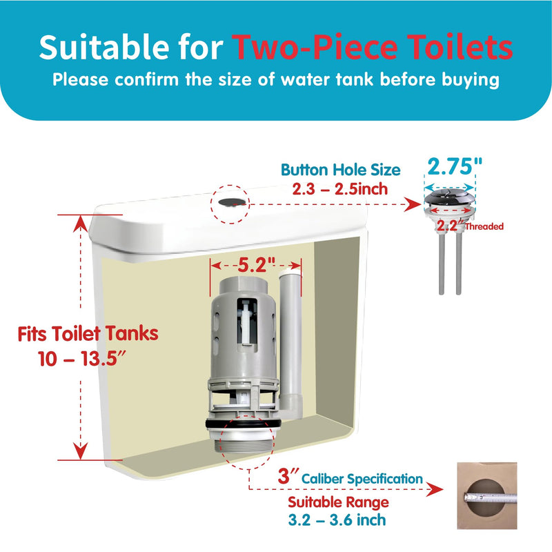3-Inch Dual Flush Valve Replacement Kit for 2-Piece Toilet - Fits Glacier Bay, Aquasource and Most Universal. Includes 8.2” Flush Valve, Fill Valve, Button, Gasket, Bolts Upgraded 3-Inch Drain Outlet