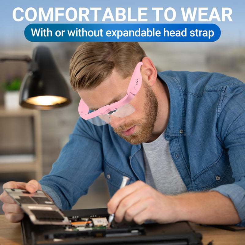 YOCTOSUN Magnifying Glasses with Light, Rechargeable Magnifying Headset with 5 Detachable Lenses 0.75X-4.0X and 3 LED Lights, Hands Free Headband Magnifier for Close Work Hobby Crafts Jewelry Pink