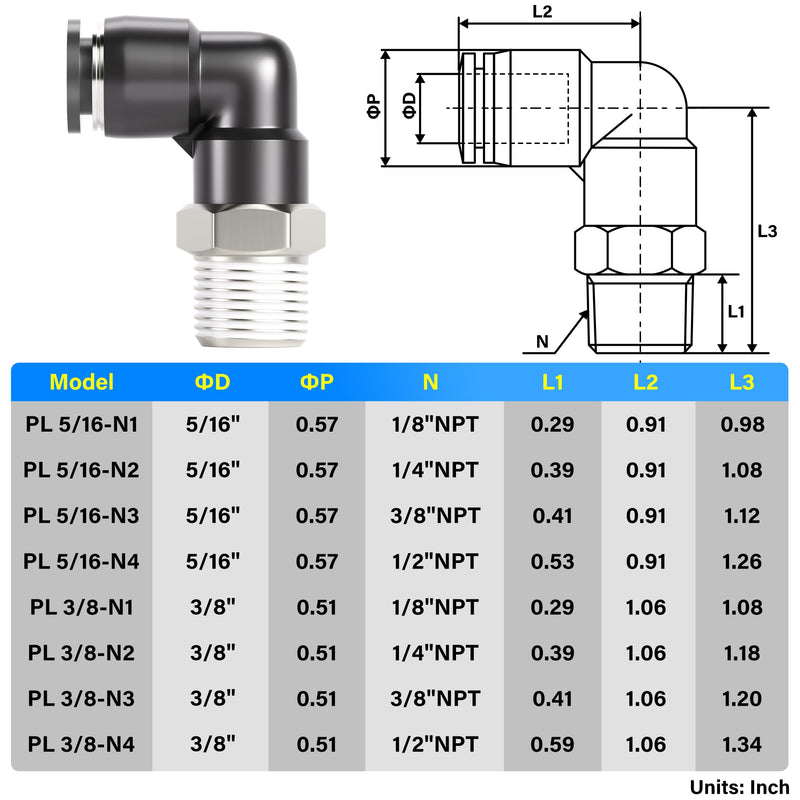 TAILONZ PNEUMATIC Male Elbow 3/8 Inch Tube OD x 3/8 Inch NPT Thread 90 Push to Connect Fittings PL-3/8-N3 (Pack of 10) 3/8''OD 3/8''MNPT