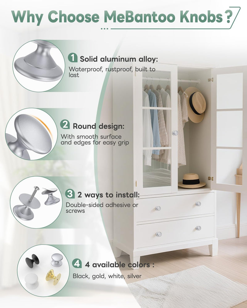 16-Pack Adhesive Drawer Knobs, Aluminum Alloy Stick on Cabinet Pulls for Kitchen, Bathroom, Wardrobe & Dresser - No Punching Peel and Stick Round Drawer Handle (16, Silver) 16