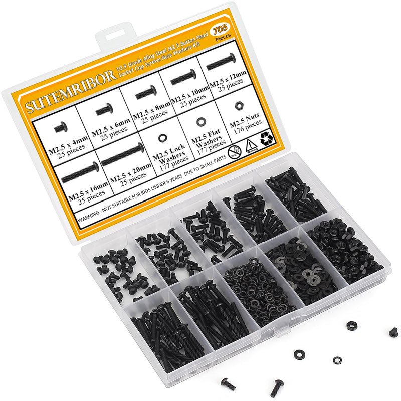 705 Pieces M2.5 Screws Nuts Washers Set Black, Sutemribor M2.5 x 4/6/8/10/12/16/20mm Button Head Socket Cap Screws Nuts Washers Assortment Kit, 10.9 Grade Alloy Steel, Fully Threaded M2.5 Screws Kit