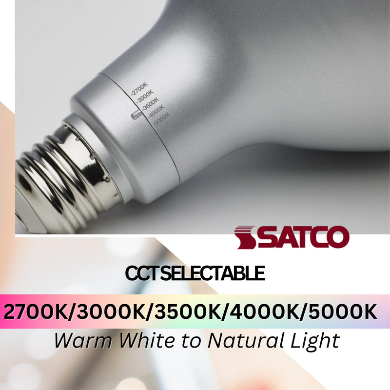 Satco S39764 15 Watt PAR30 Long Neck LED Reflector Light Bulbs High Lumen 27K/30K/35K/40K/50K CCT Selectable E26 Medium Base 120-277 Volt Wet Location Non-Dimmable (2 Pack)