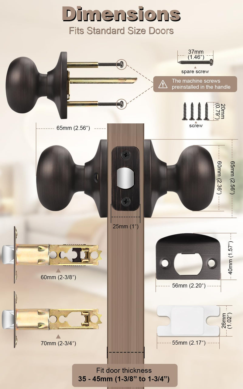 Probrico Closet Door Knob Oil Rubbed Bronze Finish, 2 Pack Standard Size Interior Door Handles with Passage Function, Flat Ball Knob for Closet and Hallway