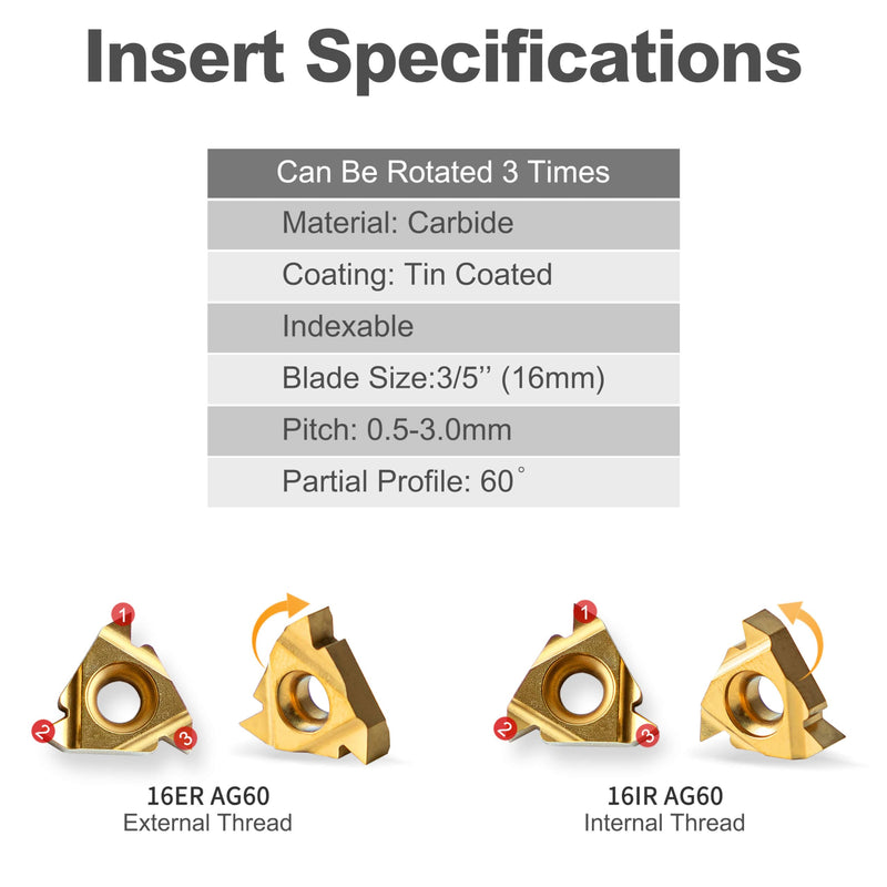Metal Lathe Cutting Tools - 1/2" and 5/8" Threading Tool Holder Boring Bars with 10pcs Indexable Carbide Inserts 16IR 16ER for Turning Threading Boring Lathe Cutting 1/2" 5/8" Turning Holder + 10PCS Carbide Inserts