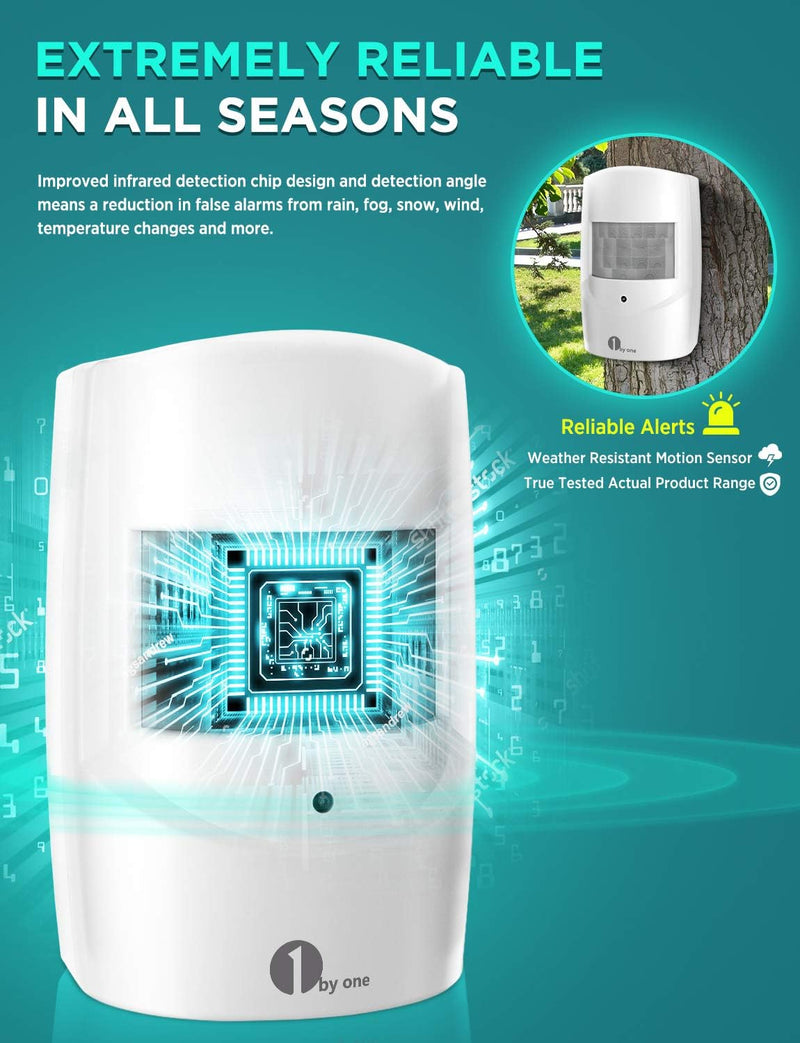 Driveway Alarm Wireless Outside, 1 BY ONE Motion Sensor Alarm 1000ft/300m Range Extra Loud Chimes Security Alarm System with 1 Receiver 2 Weatherproof Infrared Sensors Protect Indoor/Outdoor Property 1 receiver 2 PIR sensors
