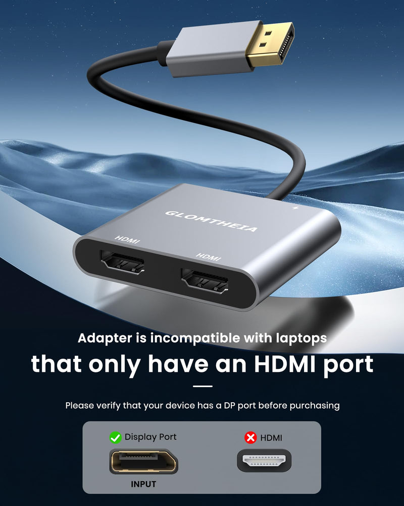 4K 60Hz DisplayPort to Dual HDMI Adapter, MST Splitter for Dual Monitor Extender, Supports Extended & Mirror Mode, Plug and Play, USB Power Cable Included