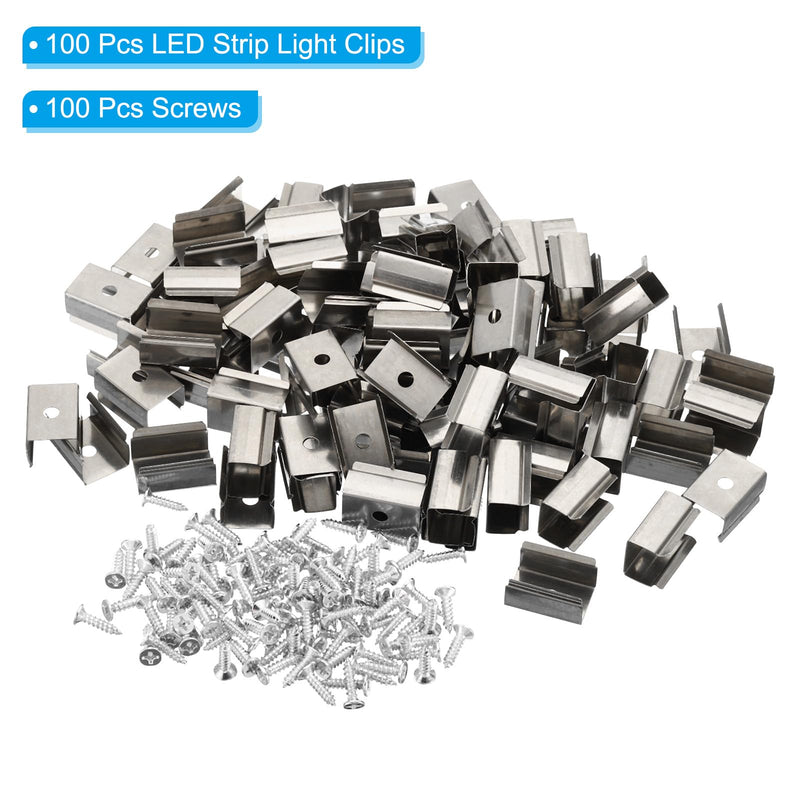 PATIKIL LED Strip Light Clips, 100 Pack Mounting Bracket Fixing Clips Stainless Steel Clamp Holders with Screws for 12mm-13mm Neon RGB Light Cable Ribbon