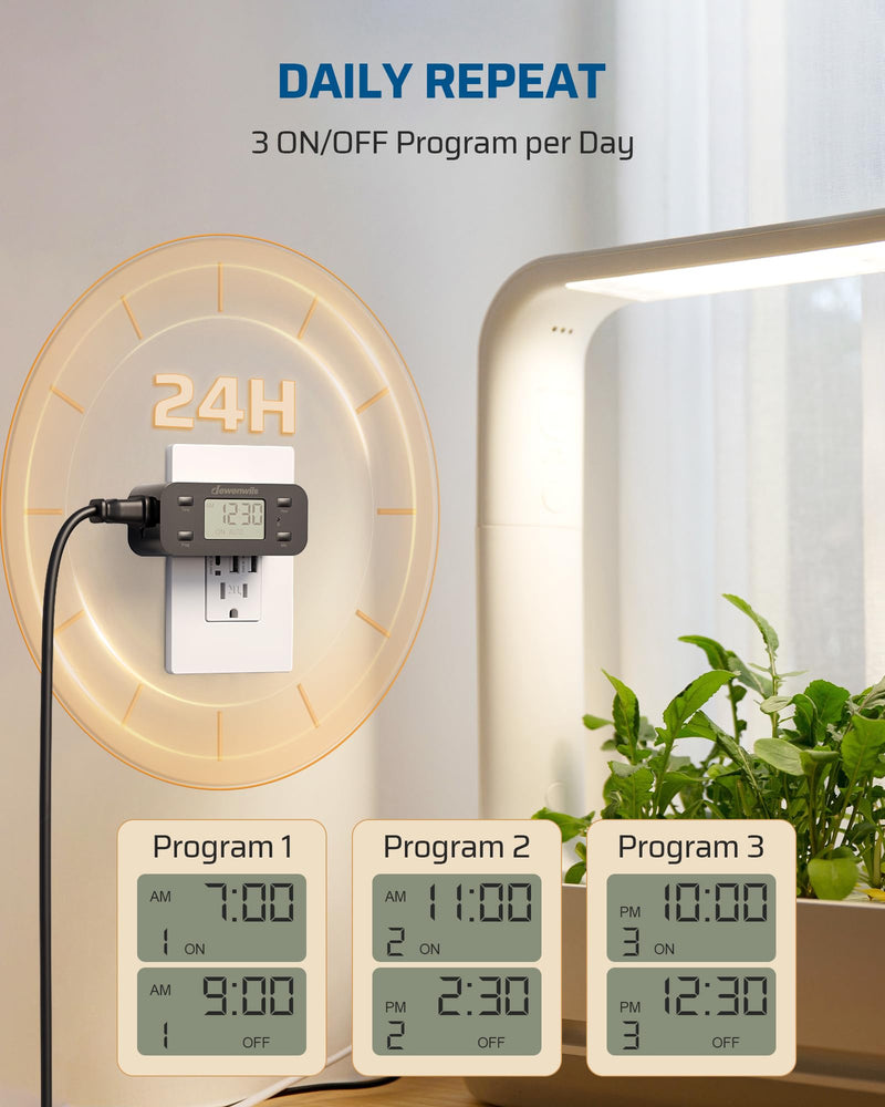 DEWENWILS 24 Hour Programmable Digital Timer Outlet with 1 Grounded Outlet, 2 Pack Timers for Electrical Outlets, 3 Prong Light Timer for Indoor Lamp Fan Aquarium, 125V/15A/1000W, 1/2 HP, Black Black-2PK