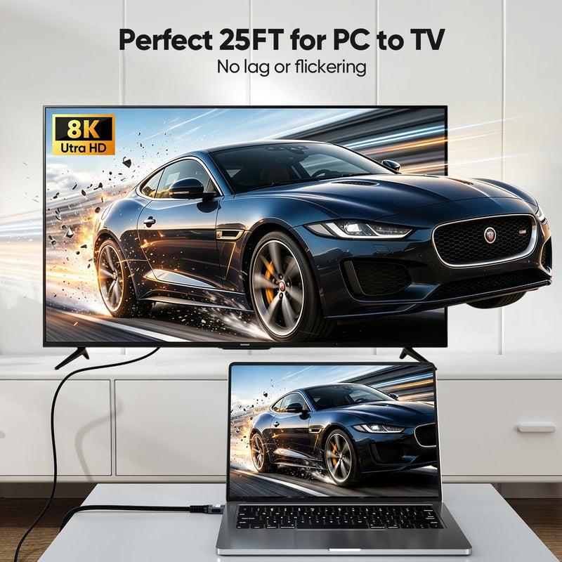 8K Long HDMI Cable 25 FT, 48Gbps Ultra High Speed HDMI 2.1 Cable Braided Cord, 8K@60Hz 4K@120Hz, eARC, HDR10+, HDCP 2.3 for Long-Distance TV/Laptop/PC/Monitor/PS5/X-box/Projector/Blu-ray