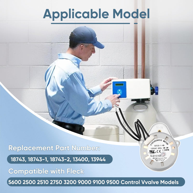18743 Timer Motor Replacement Compatible with Fleck 5600 2500 2510 2750 3200 9000 9100 9500 Control Valve with 11384 Mounting Screw, 120V 60Hz 3W Time Motor Replace 18743-1, 13400, 13944