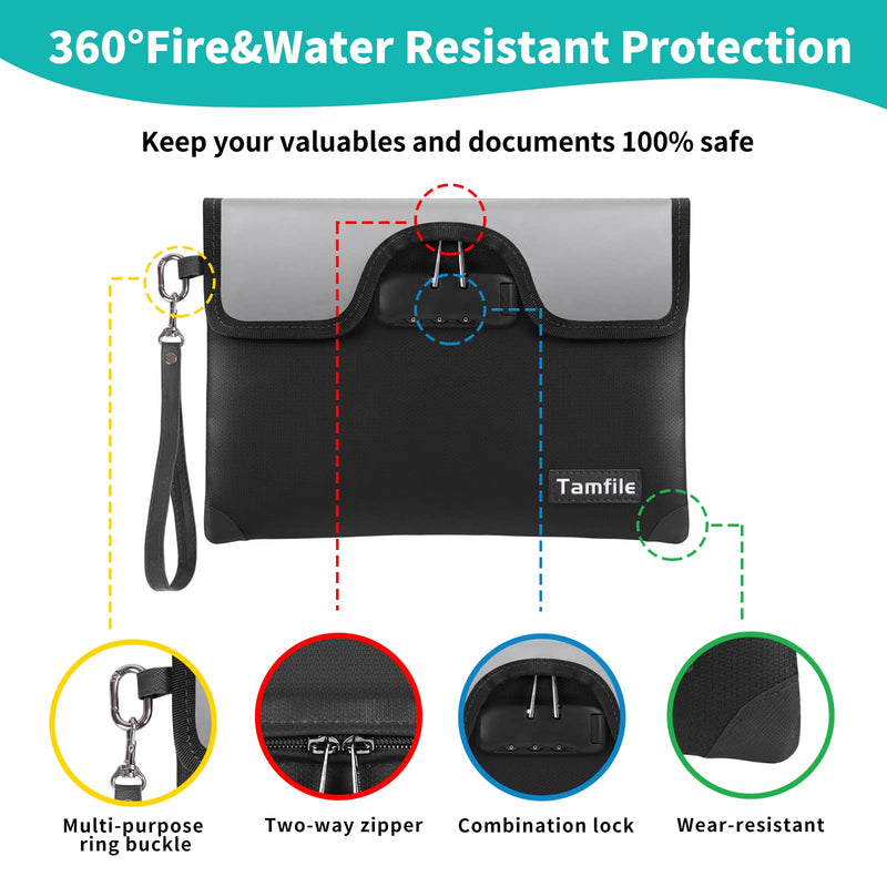 5200°F Fireproof Money Bag with Lock, Water Fireproof Document Bag with Zipper, 8 Layers Fire Insulation, Small Fireproof Safe Storage Pouch with Lock for Cash, Passport, (8.3" x 11", Black) Small (8.3" x 11")
