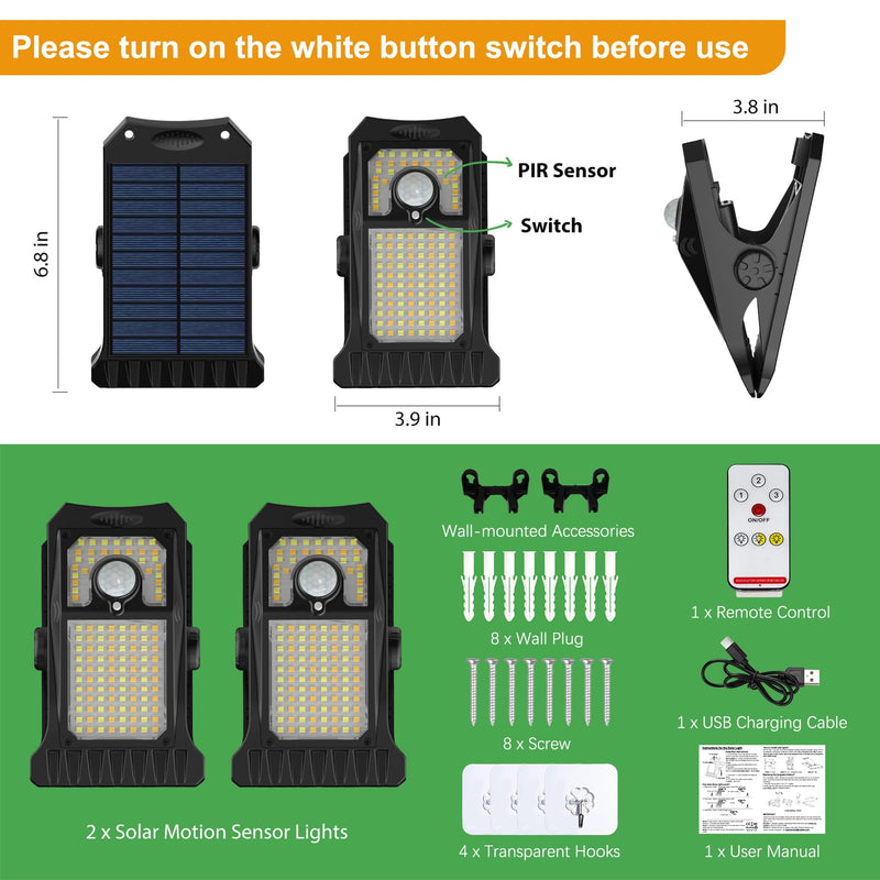 Tryme 118Leds Solar Lights Outdoor Clip Motion Sensor Lights Security Light 3 Modes, 3 Color Temperature, Solar Powered, USB Charging (2 Pack)