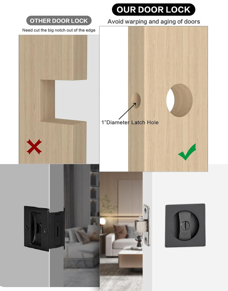 Pocket Door Hardware Black, Pocket Door Lock, Pocket Door Latch, Matte Black Contemporary Pocket Door Privacy Lock(1 Pack, Square) 1 Pack(Square)