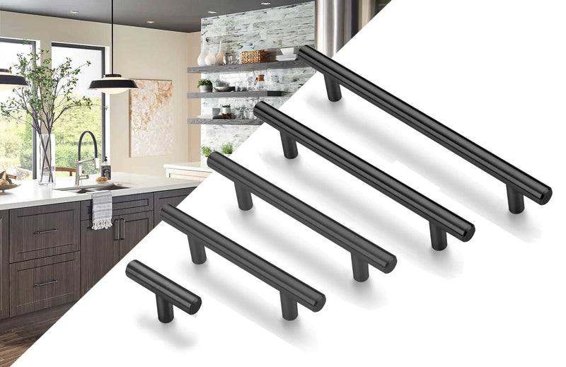ANGSTROM 10-Pack Round Bar Cabinet Pulls, Euro-Style T-Bar Handle 5" CC, Matte Black (7.4" Length) 7.4" Length (5" CC)