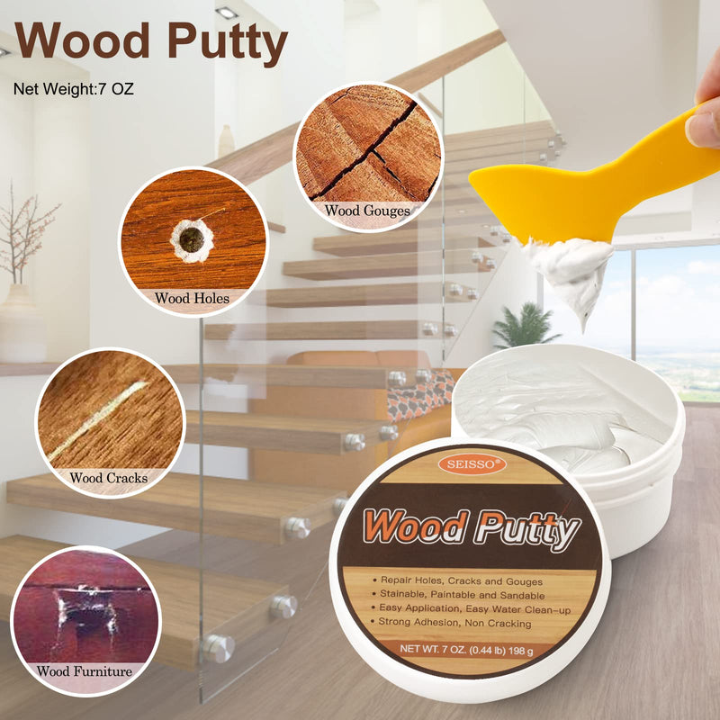 SEISSO Wood Putty, Water-Based Wood Filler, White Wood Putty for Trim, Wood Filler Paintable, Stainable, Wood Furniture Repair kit - Restore Wooden Table, Cabinet, Floors, Door 7 OZ