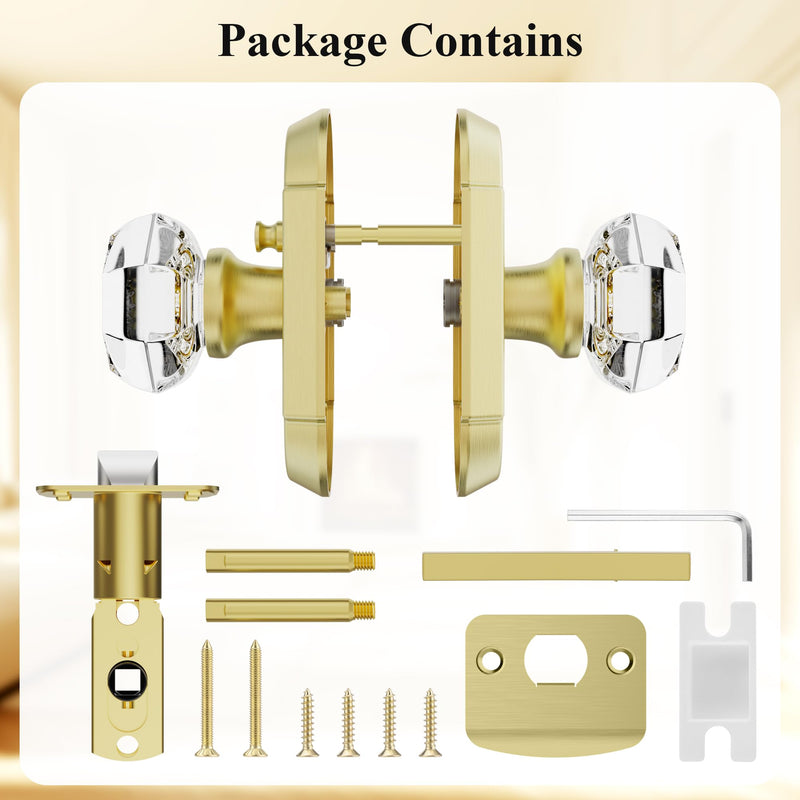 Gold Glass Door Knobs Interior Privacy Crystal Door Knobs with Lock for Bedroom/Bathroom, Satin Brass (1 Pack)