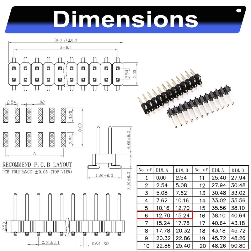 2.54mm SMD Header Connector Kit, 2 Row Male Pin Header Strip, Black, Plastic, PCB Mount, 252 Contacts, 100 Positions, 2 Poles, 2-12P, DIY Electronics Hobbyists 2 Row-Male-Pins