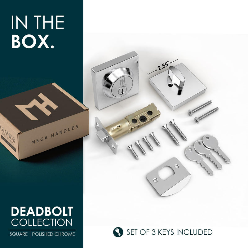 Mega Handles - SUANA Deadbolt I Entrance Deadbolt Lock - Heavy Duty Square Locking Deadbolt for Left or Right-Handed Doors - Interior/Exterior - Polished Chrome 1