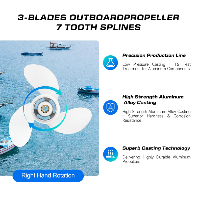 Aluminum 8 1/2 x 8 1/2 Outboard Boat Propeller fit Yamaha Engines 5-8HP,7 Spline Tooth 3 Blade,OEM Parts No.6G1-45941-00-00,RH 8 1/2 x8 1/2