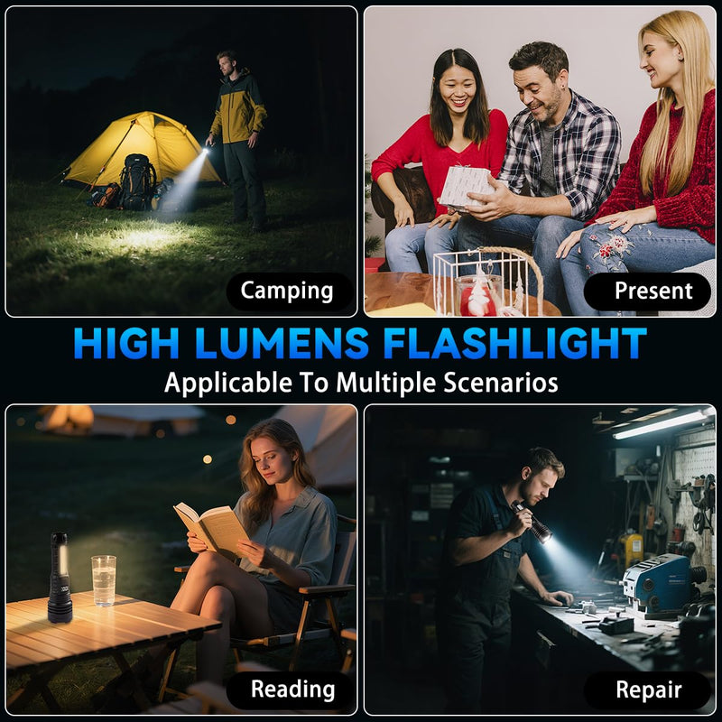 4Pack Flashlights High Lumens 9900FL, 7Mode Flashlight Rechargeable with LCD Digital Display, Rechargeable Flashlights with COB Light, Adjustable Super Bright Flashlight, Powerful Tactical Flash Light 4Pack
