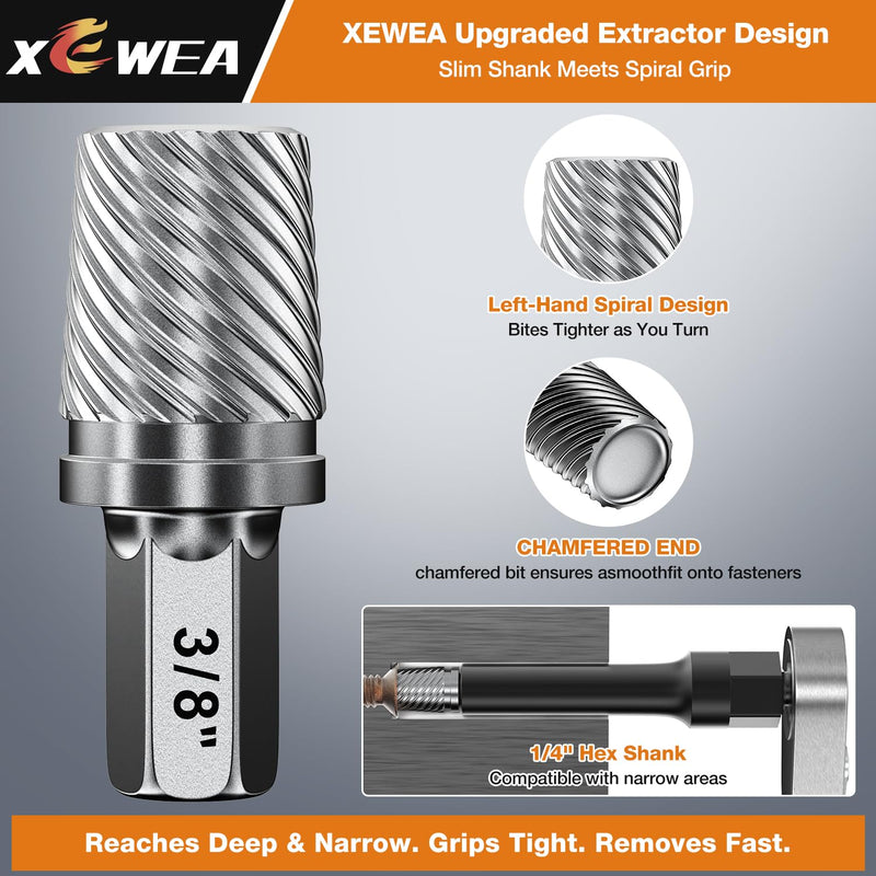 XEWEA 15PCS Bolt Screw Extractor Set, Upgrade Long Slim CR-MO Multi Spline Easy Out remover Tool Kit, 1/4" Hex Reach Design for Tight & Deep Spaces, Removes Stripped, Broken, Rusted, Rounded Studs