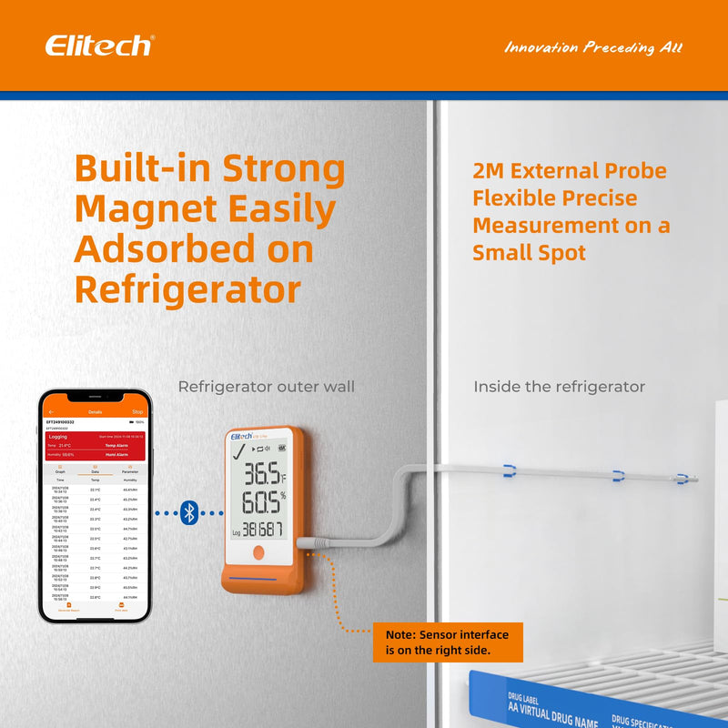 Elitech Bluetooth Hygrometer Thermometer Data Logger Temperature Humidity with Shadow Data 100000 Points Data Storage Export, Pharmacy Vaccine DDL Calibration Certificate, MAX MIN AVR MKT GSP-6Pro GSP-6Pro, T&H Probe 1