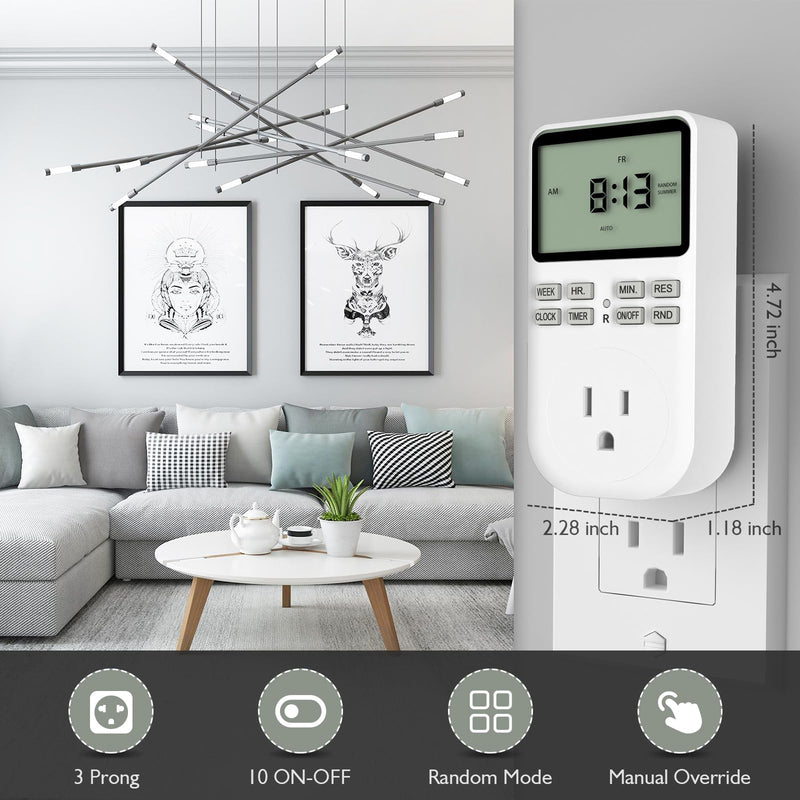 Plug in Digital Oulet Timer Switch 7 Day / 24 Hour Weekly Daily Programmable with Random Security Mode for Home Appliances and Indoor(125V,15A,1875W)